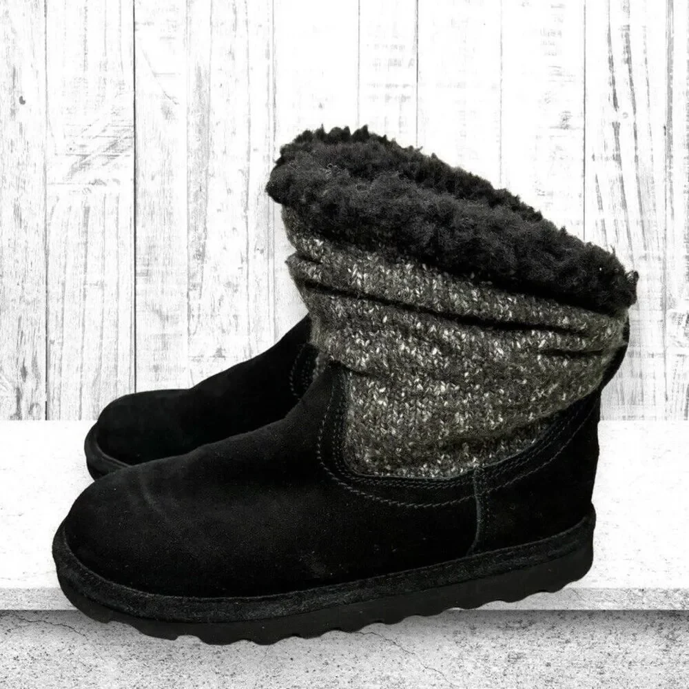 BearPaw Virginia 2133 Black Suede Wool Blend Ankle Snow Boot Unisex Youth Size 5
